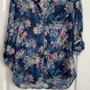 Kut from the Kloth Floral Sheer Blouse in Navy and Pink